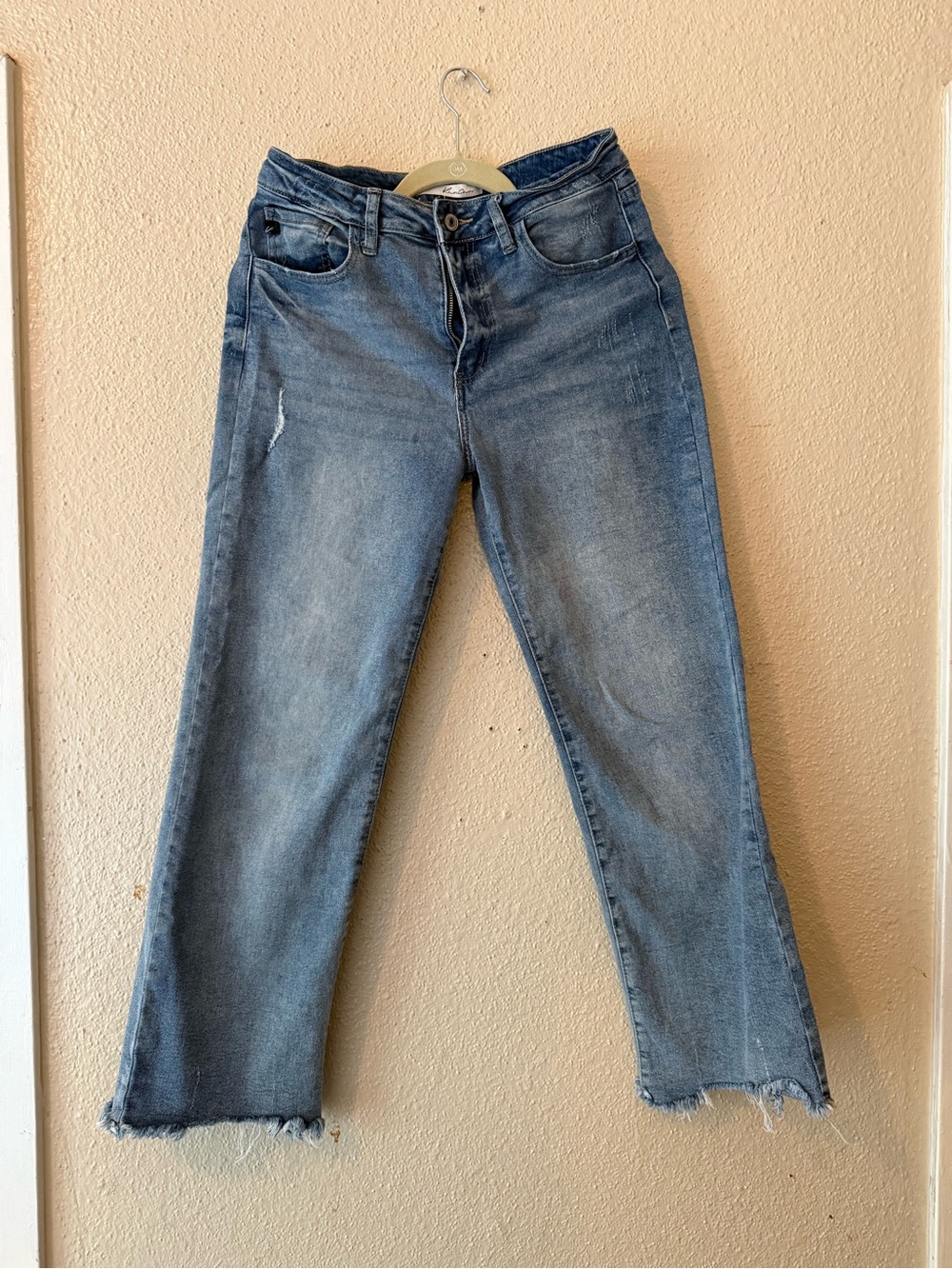 KanCan Light-Medium Blue Straight Leg Jeans with Raw Hem